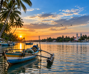 Negombo lagoon and fishing boats Sri Lanka